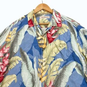 Tommy Bahama Mens L Blue Silk Tropical Floral Camp Shirt Short Sleeve Button Up